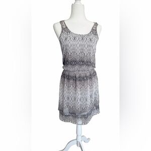 Express Women’s Flowy Dress S White Gray Ombre Ikat Print Boho Crochet Back